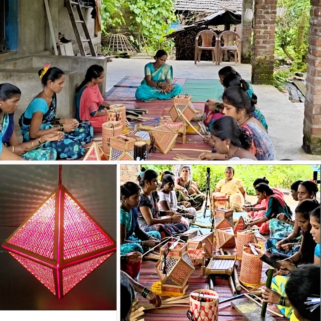 Tribal women artisan handcrafting Kandil-Harshal bamboo kandil in Maharashtra